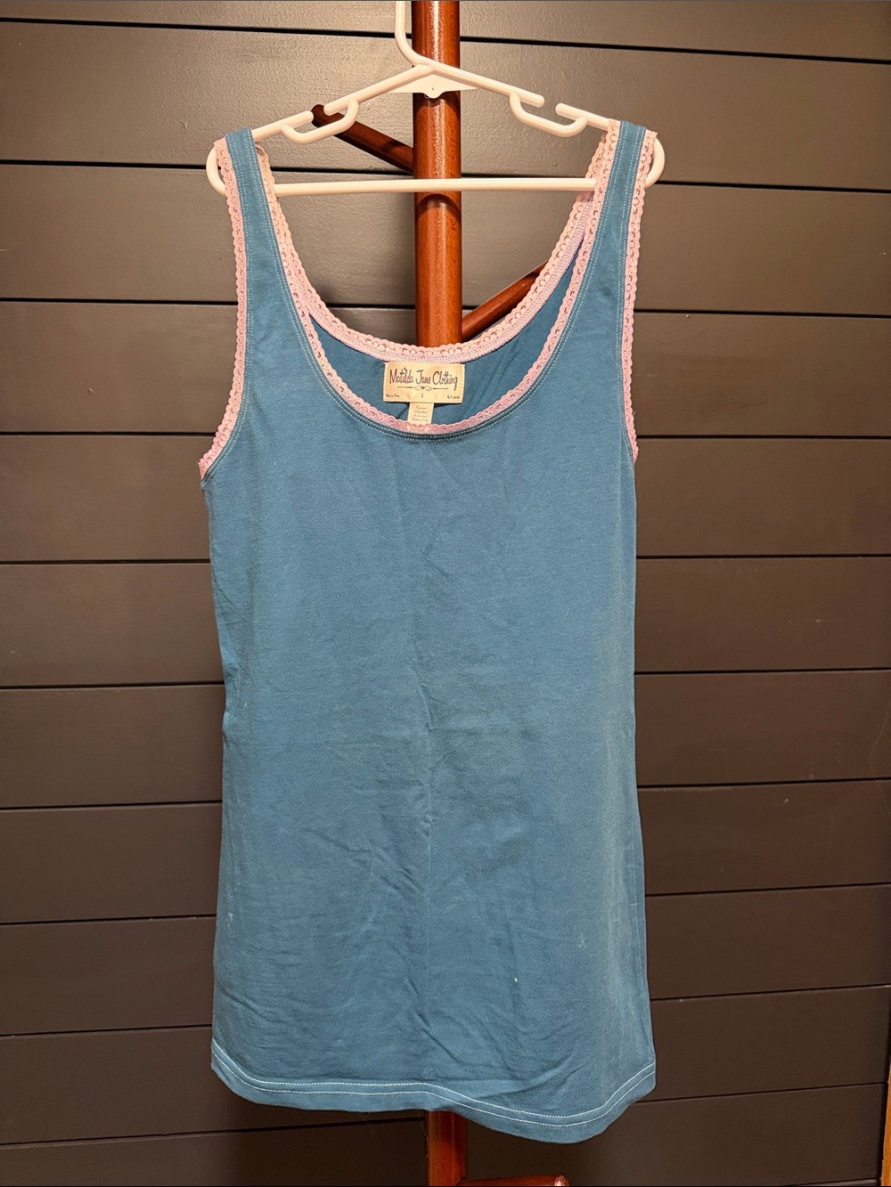 Blue Tank with Pink lace Trim